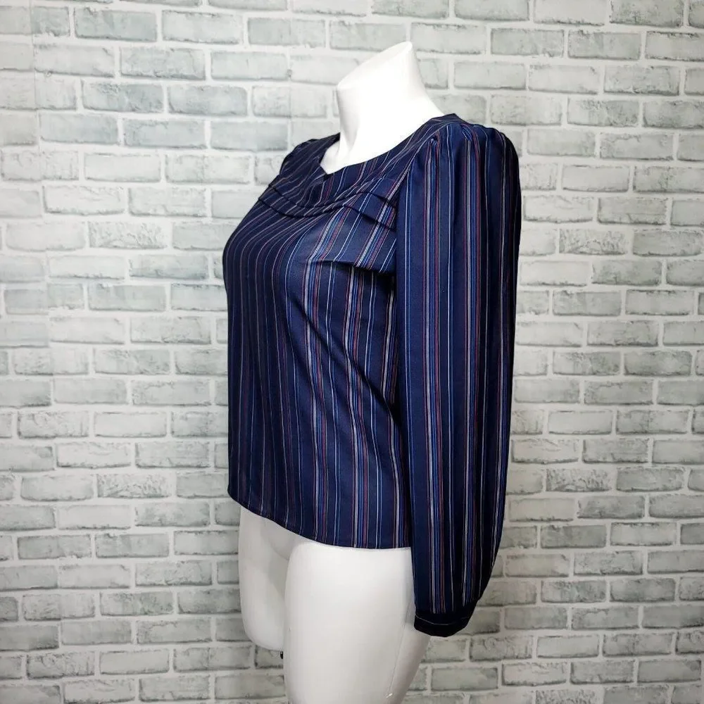 Vintage 70 Sally Petite Womens L Navy Sheer Striped Bateau Neck Blouse Secretary
